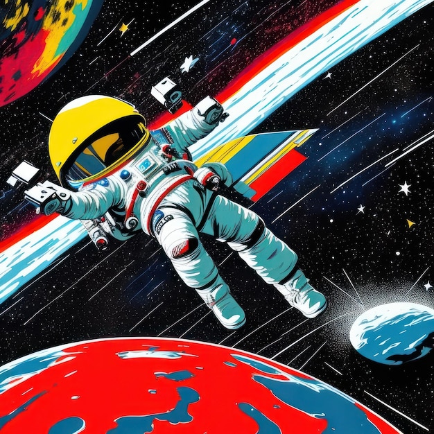 A cartoon of a spaceman with a yellow helmet and a planet in the background.