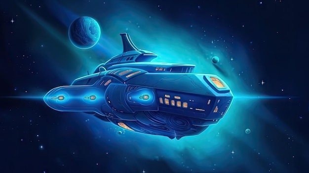 Cartoon Spaceship Soaring Through Blue Skies