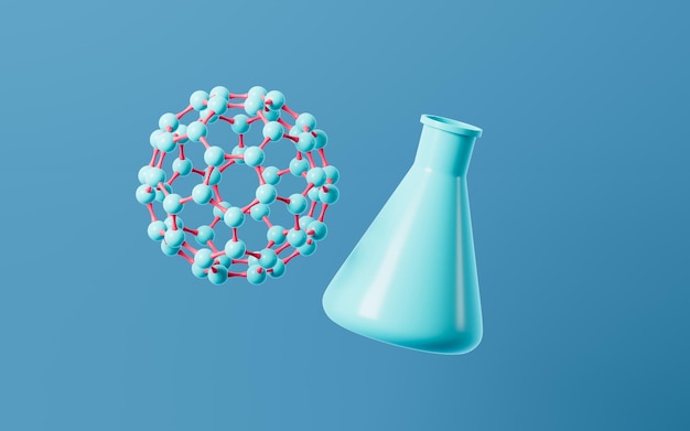 Cartoon spherical molecular structure and conical flask in the green background 3d rendering Digital drawing