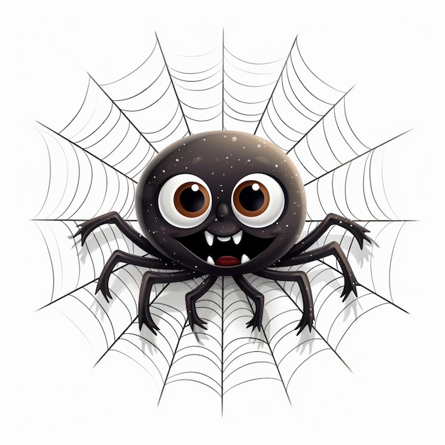 cartoon spider with big eyes and big web on white background generative ai