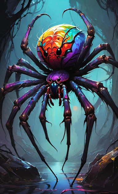 a cartoon of a spider with a purple body and a large spider on the front