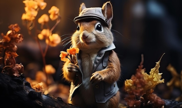 A cartoon squirrel in a hat sits on a branch Selective soft focus