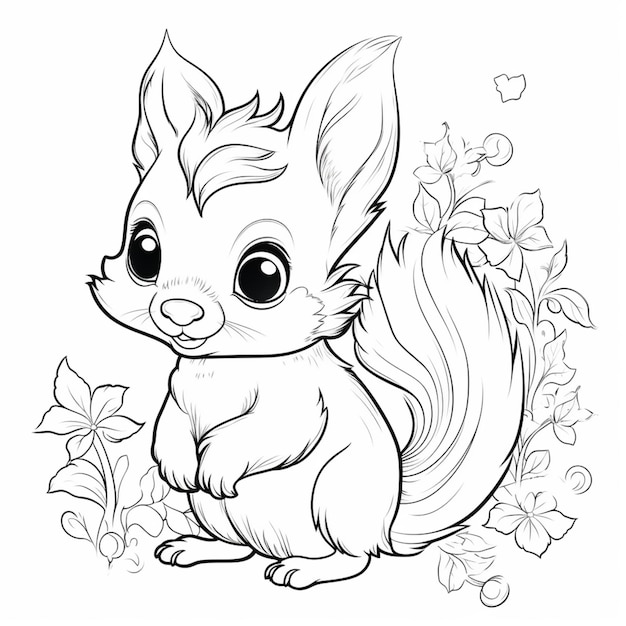 a cartoon squirrel sitting on the ground with leaves and flowers around it generative ai