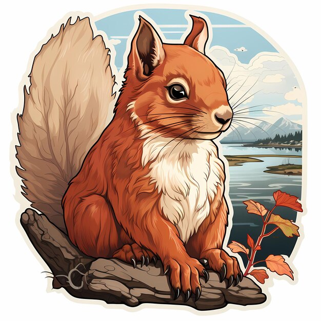 a cartoon of a squirrel sitting on a log with a lake in the background.