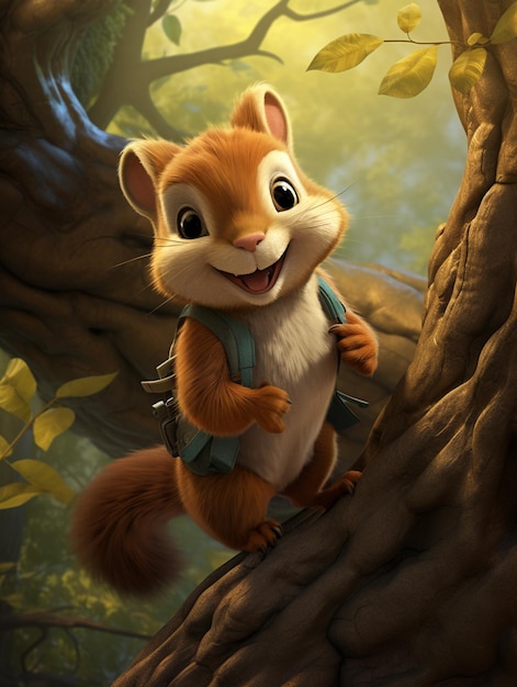 cartoon squirrel with backpack climbing up a tree in a forest generative ai