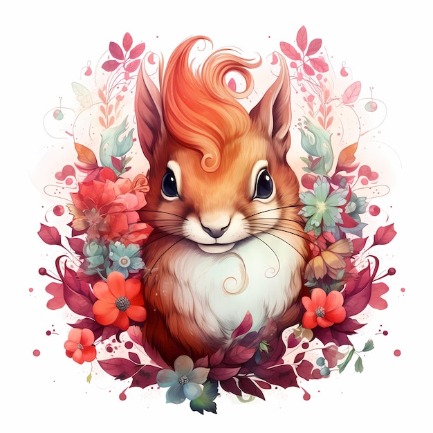 a cartoon of a squirrel with a floral crown on his head