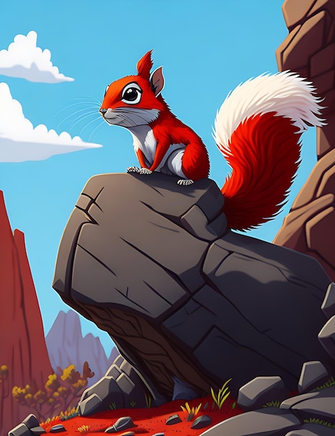 A cartoon of a squirrel with a red tail sits and abstract background