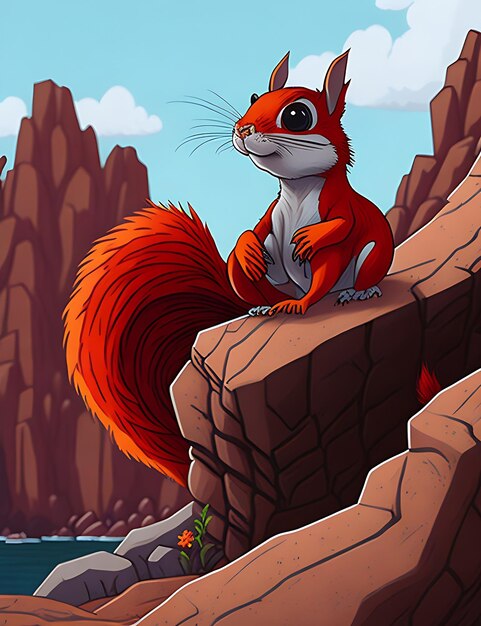 A cartoon of a squirrel with a red tail sits and abstract background