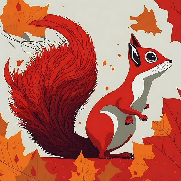 A cartoon of a squirrel with a red tail sits and abstract background