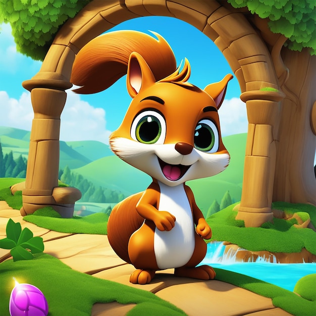 a cartoon of a squirrel with a waterfall in the background.