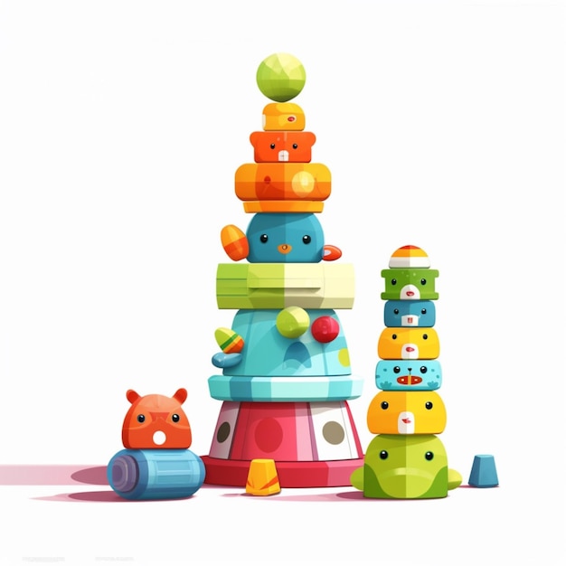 A cartoon of a stack of toys with a blue and red face.