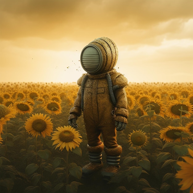 A Cartoon Standing In A Field With Sunflowers