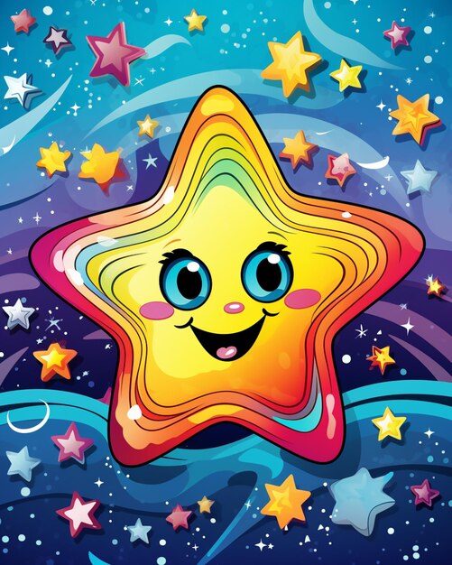 Photo cartoon star with a smiling face surrounded by stars generative ai