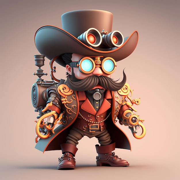 cartoon steampunk karakter 3D met robotachtig lichaam