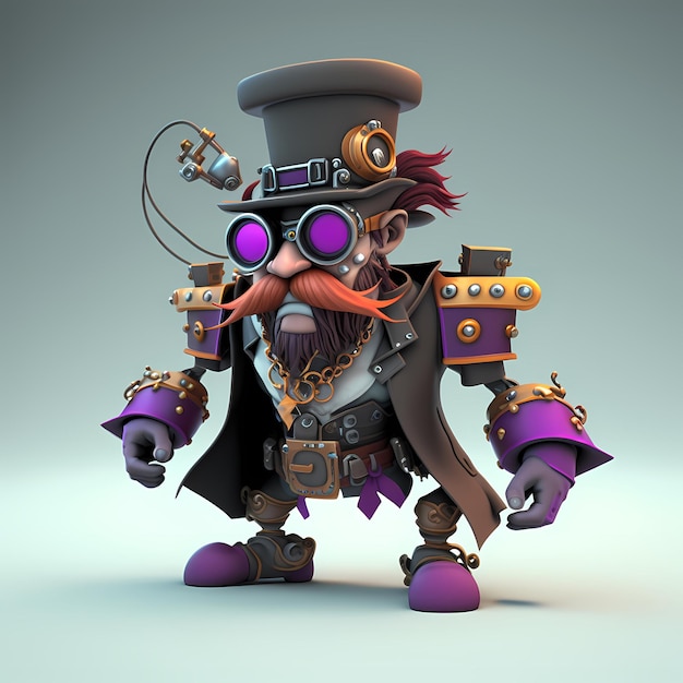 cartoon steampunk karakter 3D met robotachtig lichaam