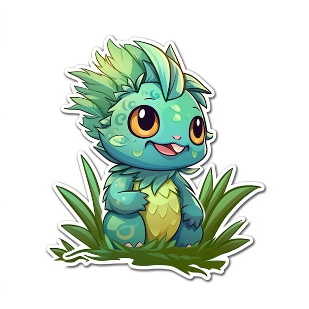 A cartoon sticker of a cute little dragon sitting in the grass generative ai