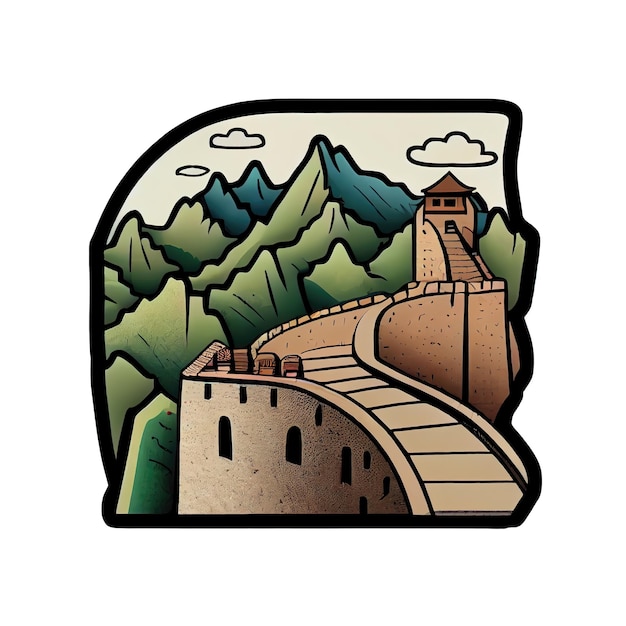 Photo cartoon sticker of the great wall of china a famous landmark in china