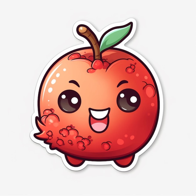 Мультяшная наклейка с красным яблоком и счастливым лицом, генеративный ИИ