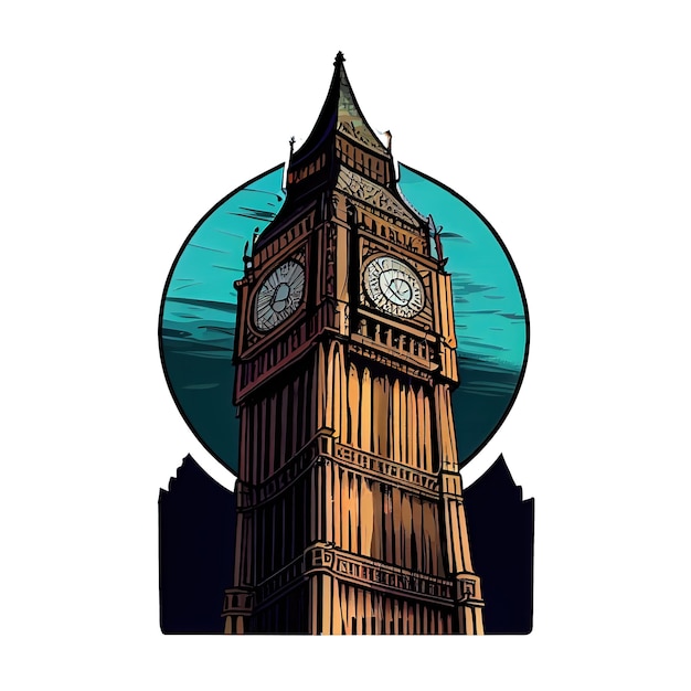 Cartoon sticker toont de Big Ben met zijn beroemde wijzerplaat en klokkentoren in Londen