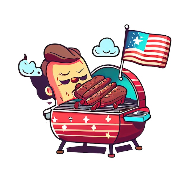 Cartoon sticker van een barbecueschotel met gegrild vlees als symbool van het Amerikaanse zomergerecht