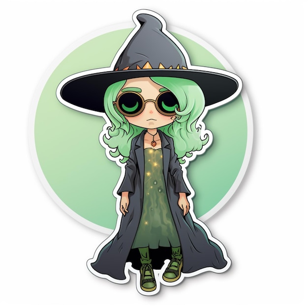 Photo cartoon sticker of a witch with green hair and a black hat generative ai