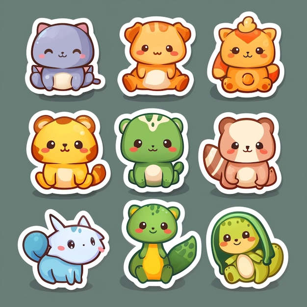 cartoon stickers van verschillende dieren en katten met verschillende uitdrukkingen generatieve ai