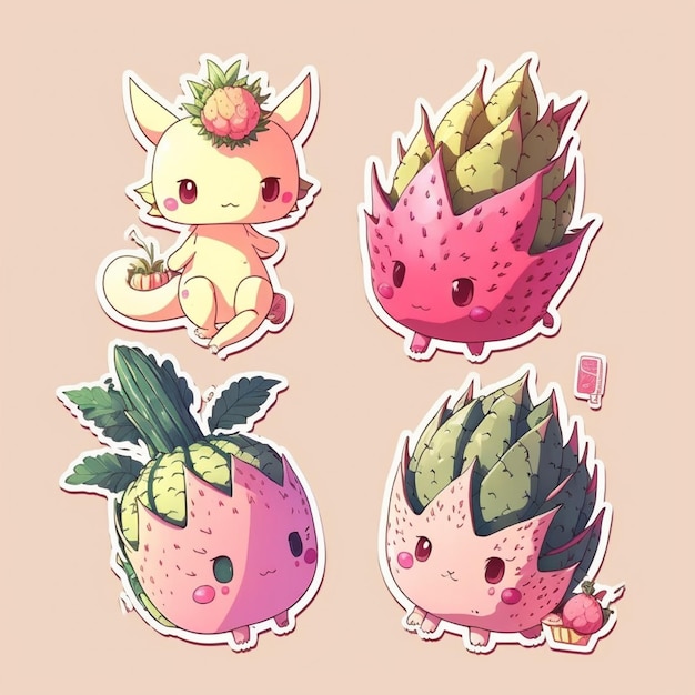 cartoon stickers of a variety of fruit and vegetables generative ai