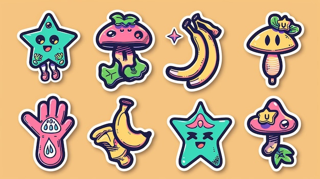 사진 기묘한 만화 인물과 장갑을 입은 손으로 만화 스티커 바나나 별과 버섯 배지와 함께 추상적인 모양