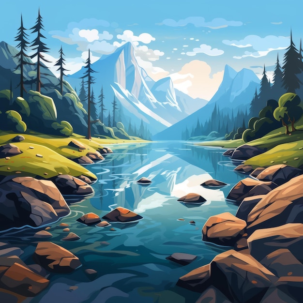 Cartoon stijl fjord illustratie met reflecterend water en natuur elementen