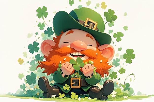 Cartoon stijl gelukkige glimlachende rode baarde leprechaun Saint Patrick mascotte omringd door shamrock bladeren