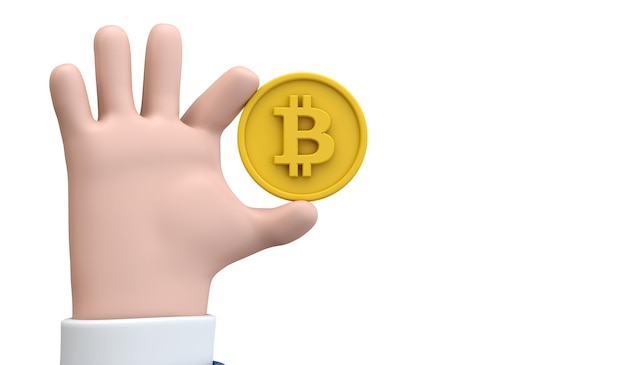 Cartoon stijl hand met een bitcoin cryptovaluta munt d render