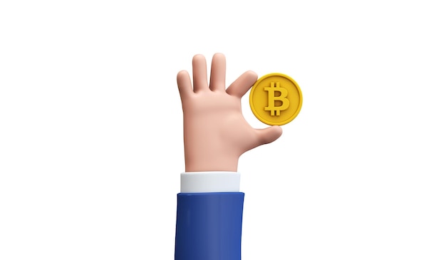 Cartoon stijl hand met een bitcoin cryptovaluta munt d render