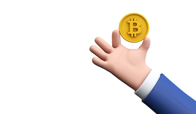 Cartoon stijl hand met een bitcoin cryptovaluta munt d render