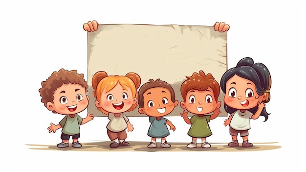 Cartoon-stijl illustratie van gelukkige schattige kinderen die een leeg bord vasthouden op een witte geïsoleerde achtergrond voor kinderdag Generative ai