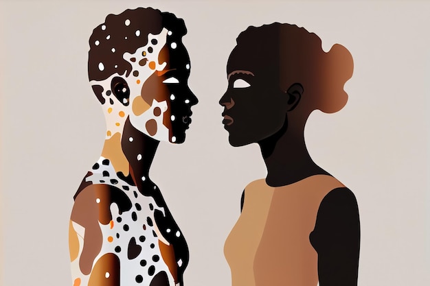 Cartoon stijl illustratie van twee personen met vitiligo huid op witte achtergrond hou van jezelf