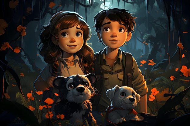 cartoon-stijl schattige jongen en schattig meisje met hond en kat samen in het bos