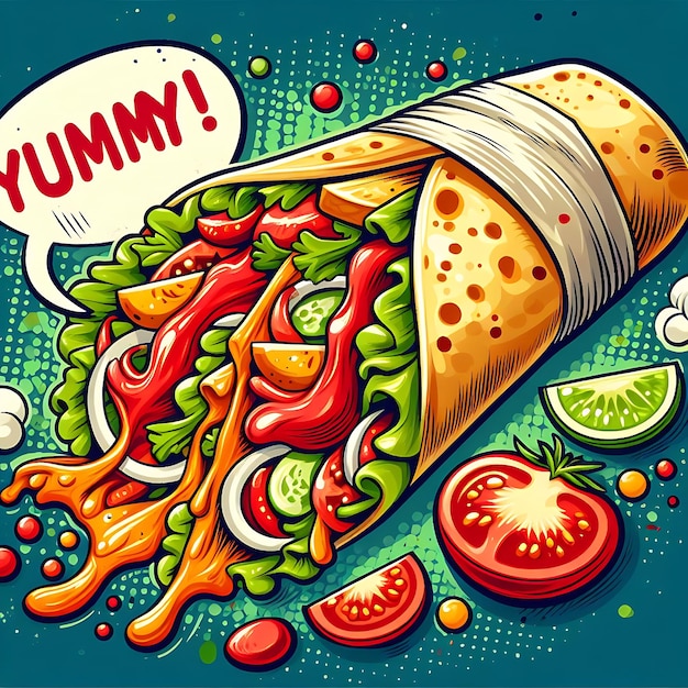 Cartoon-stijl shawarma en saus met achtergrond