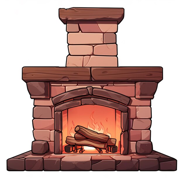 cartoon stone fireplace with logs and firewoods generative ai