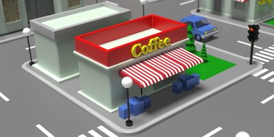 Cartoon straat cafetaria centrum concept gesloten coffeeshop achtergrond 3d illustratie