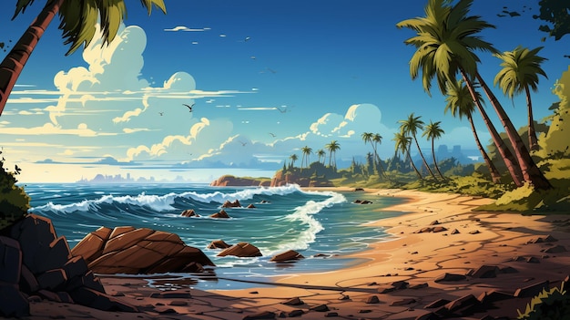 cartoon strand achtergrond met enkele kokospalmen