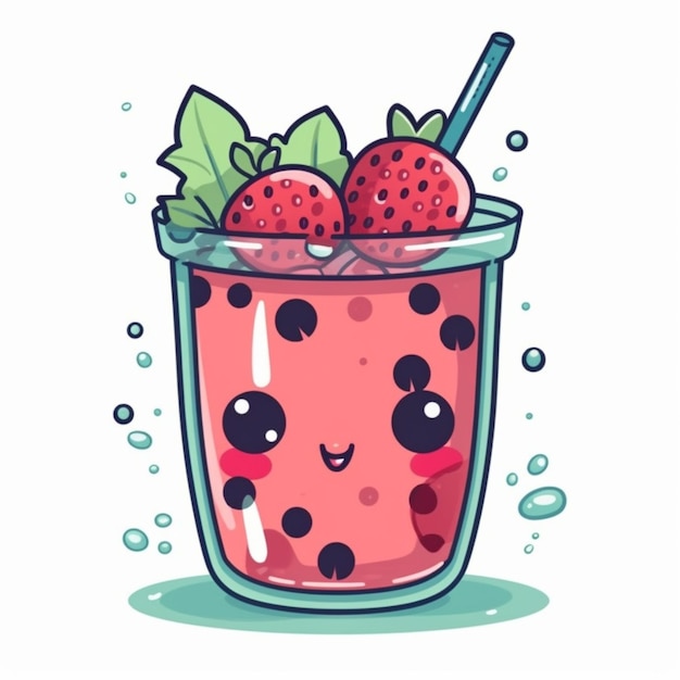 Cartoon strawberry milkshake with strawberries in a glass generative ai