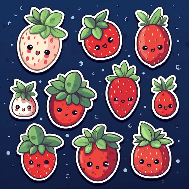 Photo cartoon strawberry stickers with faces and leaves on a dark background generative ai