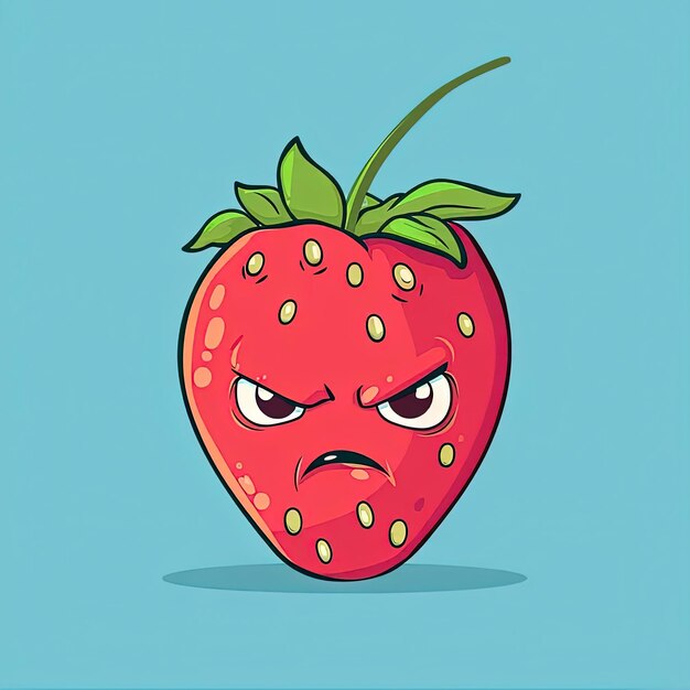 A cartoon strawberry with a frowning face