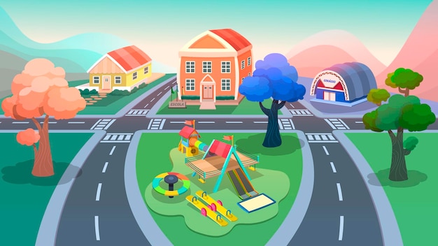 A cartoon of a street with a house and a playground.