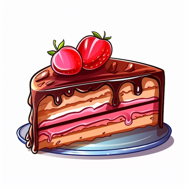 cartoon stuk chocoladetaart met aardbeien bovenop generatieve ai