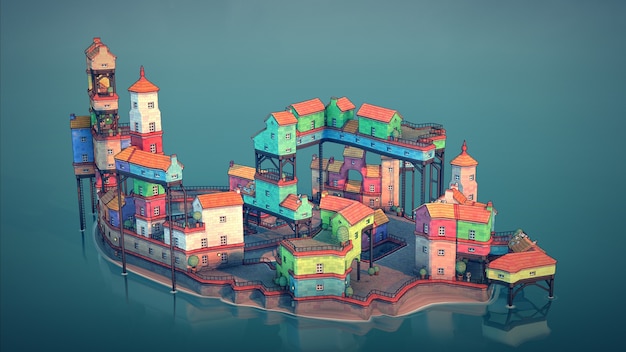 Lo stile del fumetto 3d rende la città di gioco low poly nell'acqua 4k background