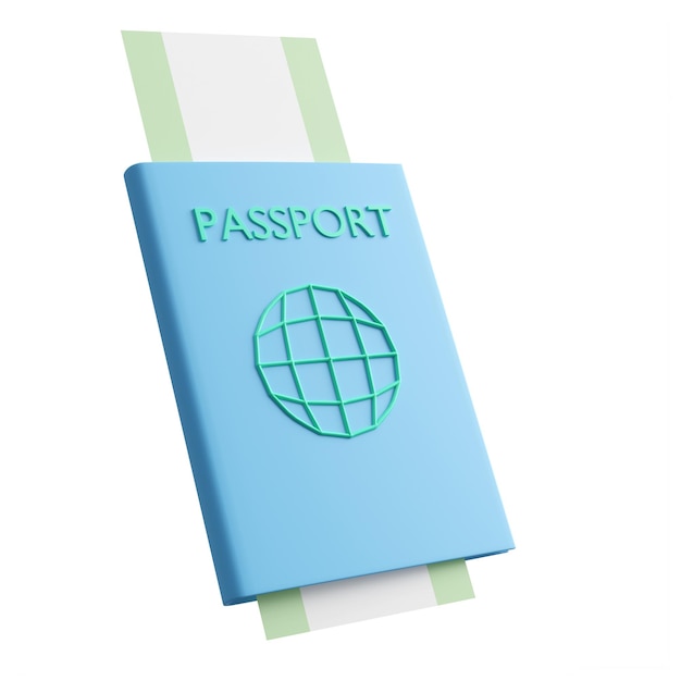 Cartoon style blue passport and ticket 3d render isolated on white background with clipping path