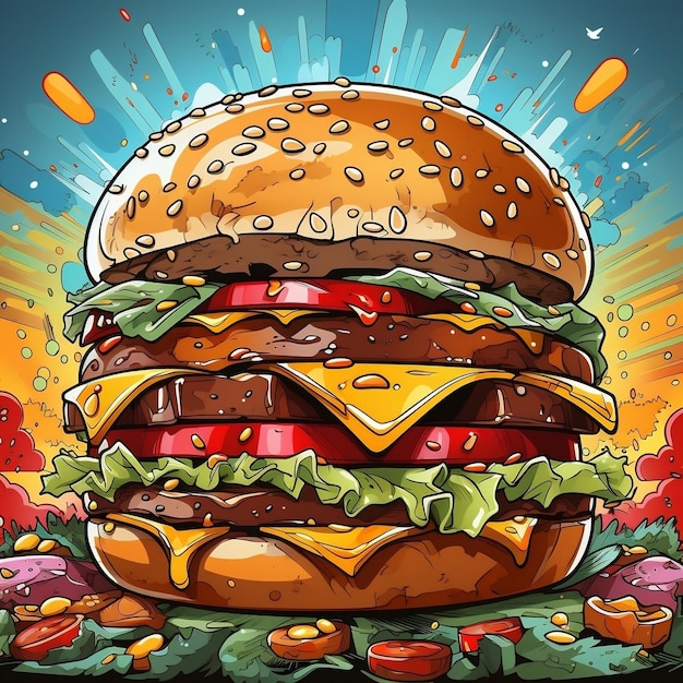 Cartoon style cheese burger on colorful pop art retro background