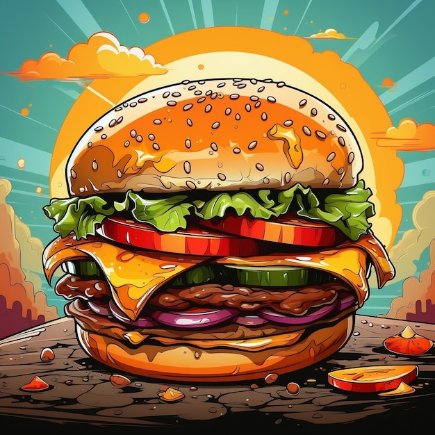 Cartoon style cheese burger on colorful pop art retro background