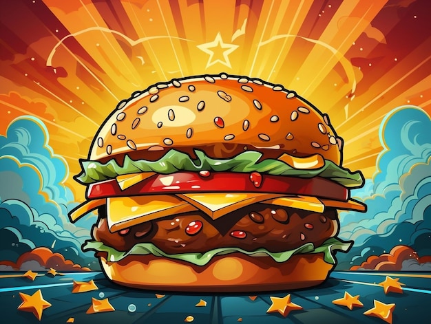 Cartoon style cheese burger on colorful pop art retro background